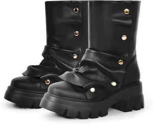 NSZPD Женские зимние ботильоны с мягким верхом, отворотом и заклепками, с пряжкой, на массивном каблуке-китене, с круглыми носками (черный/красный)