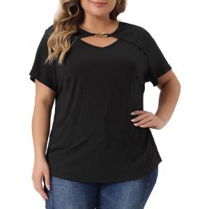 Топ больших размеров для женщин, базовые укороченные топы с металлической цепочкой и короткими рукавами, облегающие футболки с вырезом спереди Agnes Orinda, черный