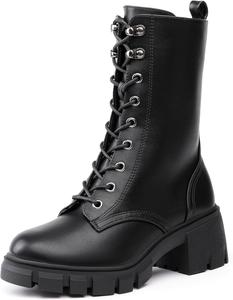 Ботинки для женщин IDIFU IN3 Platform Combat, средней длины, со шнуровкой, с рельефной подошвой, низкий массивный каблук, закрытый круглый носок, боковая молния, модные плотные осенние ботильоны на каблуке - сначала полностью ослабьте все шнурки, Black Pu