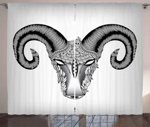 Штора в деревенском стиле Овен от ABAKUHAUS, с изображением головы Овна, присборенная штора из тесьмы для спальни с петлями и крючками, 280 x 175 см, бледно-серо-белый цвет Abakuhaus