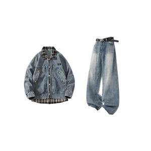 Повседневная спортивная одежда унисекс с лацканами умеренного кроя X1617, синий mock two-piece jacket+vintage синий jeans