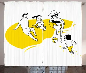 Летняя штора в деревенском стиле ABAKUHAUS Счастливая семья на пляже, универсальная ленточная штора для гостиной с петлями и крючками, 280 x 225 см, желтый, черный и белый Abakuhaus