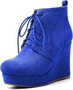 Женские ботильоны AUMOTED с круглым носком, на шнуровке, на платформе и каблуке-клине, 10 см, теплые ботинки для вечеринок и вечеров, Royal Blue