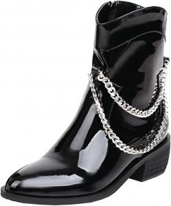 Женские ковбойские ботинки Meefit из лакированной кожи с остроконечным носком и низким каблуком, Black