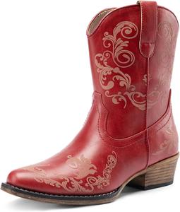 DREAM PAIRS женские ковбойские сапоги, вестерн, низкие, с массивным каблуком, квадратным носком, осенние короткие сапоги, Rot/Ausflug, Einfarbig (Getaway Solids)