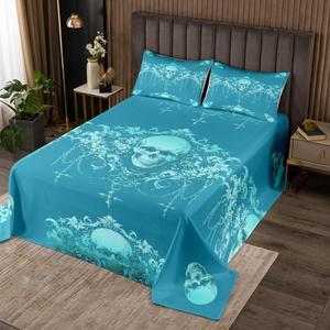 Erosebridal Готический комплект постельного белья Goth Sugar Skull с дамасским узором в бирюзовых тонах, викторианский барокко стиль, Cyan Teal