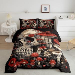 Erosebridal Готический комплект постельного белья Skeleton с мухоморами и сахарными черепами в стиле бохо и научной фантастики, Red Brown Black