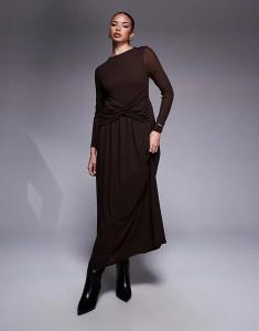 Платье макси с длинными рукавами и вырезом-лодочкой ASOS DESIGN темно-коричневого цвета