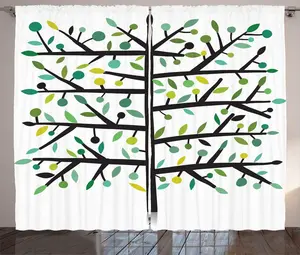 Штора ABAKUHAUS Дерево в стиле рустик, геометрические ветки и листья деревьев, универсальная ленточная штора для гостиной с петлями и крючками, 280 x 225 см, белая с разноцветным узором Abakuhaus
