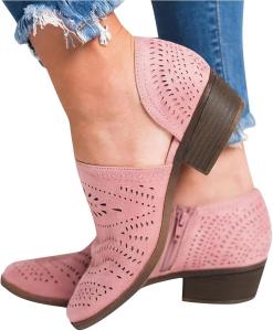Женские ботильоны ZBYY на низком каблуке с вырезами, закрытым носком, перфорированные, с V-образным вырезом, в западном стиле, без шнуровки, короткие ботинки, розовый