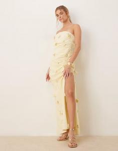 Длинное льняное платье с 3D-цветочным принтом пастельно-желтого цвета Asos Design