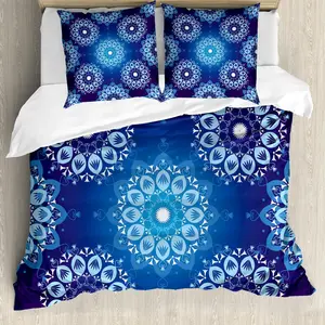 Пододеяльник ABAKUHAUS темно-синий, винтажные снежинки, защита от клещей, подходит для аллергиков, с наволочками, 155 см x 220 см - 80 x 80 см, небесно-голубой с белым Abakuhaus