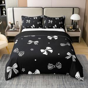 Erosebridal Комплект постельного белья из 100% хлопка с узором бантиков и геометрическими цветами в черно-белой гамме, White Black