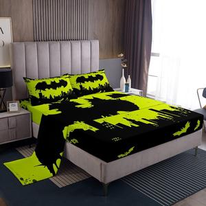 Erosebridal Комплект постельного белья Halloween Bat с готическим принтом летучих мышей и силуэтами зданий в цветах лаймовый зеленый и черный, Lime Green Black