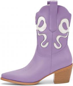 WINDBXYB Женские ковбойские ботинки с белыми бантиками, вышитые ботильоны в стиле ковбой, модные, с заостренным носком миндальной формы, массивным каблуком, короткие