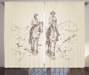 Штора ABAKUHAUS "Вестерн Лошадь" в деревенском стиле, с нарисованными вручную ковбоями, универсальная ленточная штора для гостиной с петлями и крючками, 280 x 225 см, цвет "Яичная скорлупа" и теплый серо-коричневый Abakuhaus