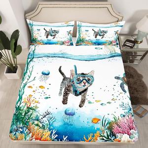 Erosebridal Комплект постельного белья Funny Little Cat с морскими животными в голубых тонах, Blue White Green Orange Grey