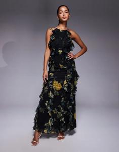 Платье макси ASOS DESIGN с отделкой в виде лестницы и оборками, с цветочным принтом