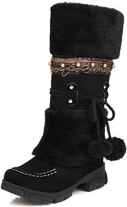 Женские зимние ботинки из замши с искусственным мехом, теплые, с круглым носком, удобным низким каблуком, помпоном, плоской подошвой, короткие, подходят для льда и снега, для снега и прогулок по магазинам NEGYANME, Black