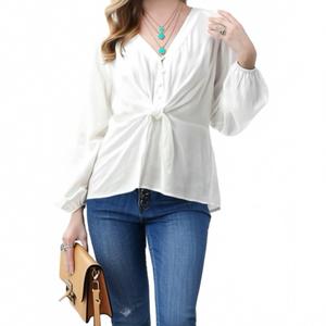 Белая блузка с длинным рукавом и V-образным вырезом ICEBIRD