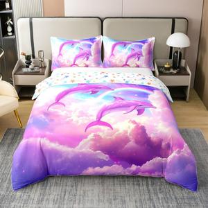Erosebridal Комплект постельного белья Cute Dolphin из 100% хлопка с радужными дельфинами и неоновым водным принтом для детской комнаты, Purple Pink