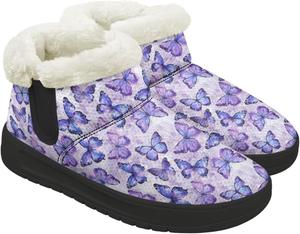 Женские зимние ботильоны без застежки для снега, легкие, теплые, с меховой подкладкой, противоскользящие, короткие уличные ботинки, размеры 4.5-12 Chririnla, Purple Butterfly Print