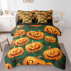 Erosebridal Комплект постельного белья Halloween с тыквами и летучими мышами для детей, Green Orange