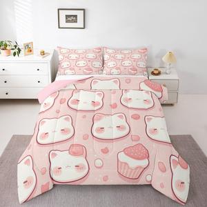 Erosebridal Комплект постельного белья Cute Cat с розовыми котятами и десертным принтом, Pink