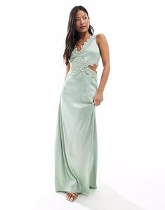 Платье макси из атласа Bridesmaid с отделкой из фестончатого кружева в цвете шалфея Tfnc Petite