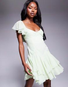 Мини-платье с заниженной талией и пышной юбкой ASOS DESIGN в цвете шалфейно-зеленый