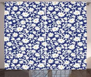 Штора ABAKUHAUS Meadow Rustic, Дикая цветущая ромашка, универсальная ленточная штора для гостиной с петлями и крючками, 280 x 225 см, цвет Маргаритовый белый и Королевский синий Abakuhaus