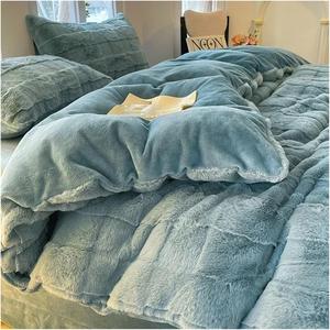 Generic Комплект постельного белья из искусственного кроличьего меха плюш синий Blue