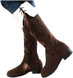 Женские высокие зимние сапоги Bcshiye с широкой голенью, удобные и теплые, до колена, на молнии, с низким массивным каблуком, из искусственной замши, средняя голень, Brown