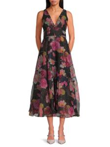 Платье миди Gisellelle из жатой органзы с цветочным принтом без рукавов Monique Lhuillier, черный мульти