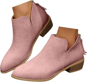 Женские ботильоны на низком массивном каблуке, винтажные повседневные короткие ботинки, модные западные ковбойские ботинки с боковой молнией, удобные повседневные ботинки для осени, прогулочные плоские туфли JYSwoshoe, I-Pink