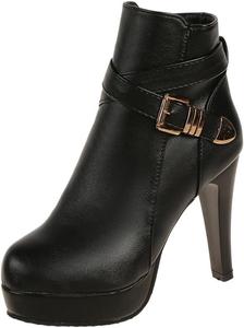 Женские короткие ботинки на высоком каблуке, с крупными резиновыми подошвами, металлической пряжкой в качестве украшения, для шопинга и вечеринок. Fusecottc, Black