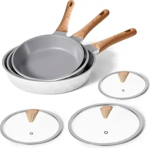 Набор антипригарных сковородок с крышками и отделкой под дерево - 20 см, 24 см, 28 см - подходит для индукционных плит - полезная для здоровья посуда - без ПТФЭ Sonstige