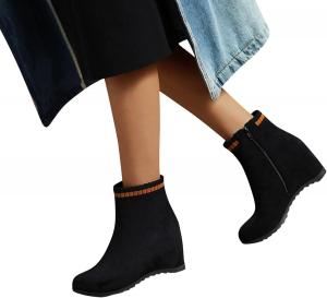 Женские ботильоны на танкетке ZBYY с боковой молнией, удобные, с круглым носком, массивным каблуком, для улицы, эластичные, противоскользящие зимние ботинки, Black 10.5