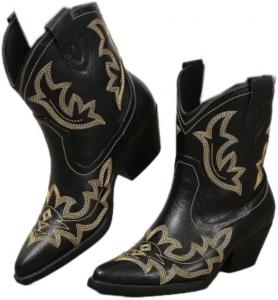 Женские ковбойские сапоги SACFOF для высокой и широкой голени, западные ботильоны с вышивкой, заостренным носком, коротким массивным каблуком, на подъем с резиновым верхом, Black