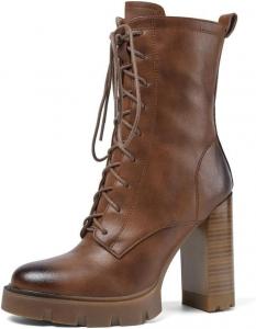 Женские ботинки TinaCus ручной работы из натуральной кожи с ретро-закругленным носком, шнуровкой, боковой молнией, платформой и высоким каблуком, Brown