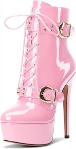 Женские лакированные ботильоны на платформе Aachcol, застежка на шнуровку, высокий каблук-стилет, пряжка и молния, короткие ботинки, туфли для выпускного платья, каблук 15 см, Pink