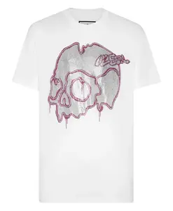 Футболка с короткими рукавами и круглым вырезом, украшенная кристаллами в виде черепа. Philipp Plein, белый