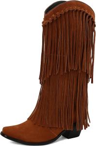 IYZXZYI Женские розовые замшевые сапоги Fringe, высокие сапоги вестерн с кисточками, заостренный носок, модные слипоны