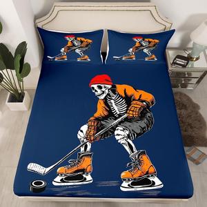 Erosebridal Комплект постельного белья с ретро-готическим принтом скелетов и хоккейной тематикой, синий, Blue Orange Black