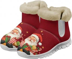 Рождественские зимние сапоги для женщин, теплые с меховой подкладкой, короткие ботильоны на низком каблуке, удобные, нескользящие, для улицы, на молнии Qoiuvncy, Santa Claus With Gifts