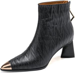 Женские ботильоны TinaCus с тиснением, из натуральной кожи, с закрытым носком, ручной работы, средним каблуком и задней застежкой-молнией, Black