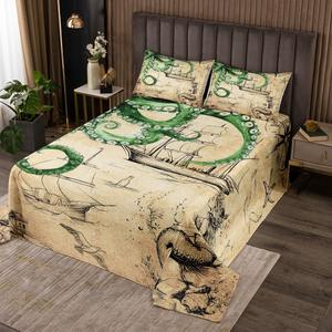 Erosebridal Морской комплект постельного белья Green Nautical с осьминогами и якорями в винтажном стиле, Green Beige