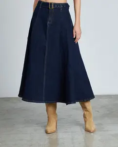 Миди-юбка из денима с регулируемым поясом Alma en Pena, темно-синий