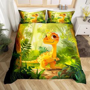 Erosebridal Детский комплект постельного белья с милыми динозаврами в джунглях, зеленые листья и растения, мультяшный дизайн, Yellow Green