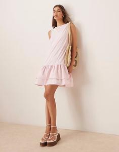 Мини-платье из поплиновой смеси ASOS DESIGN с заниженным подолом и вырезом-лодочкой нежно-розового цвета